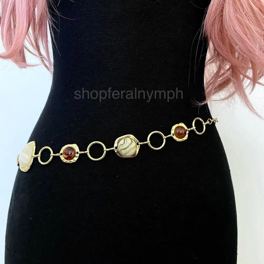 Gold Y2K Marbled Stone Open Ring Waist Chain Belt, Fits 24.5-43 Inches, X7GA1296